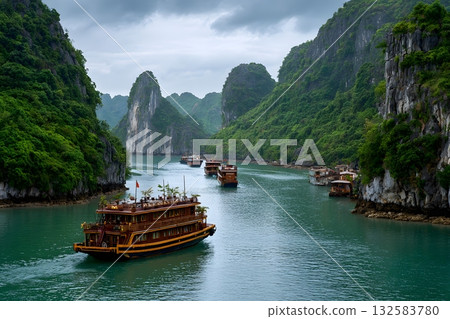 Travel landscape with boats sailing through green islands and calm water. 132583780