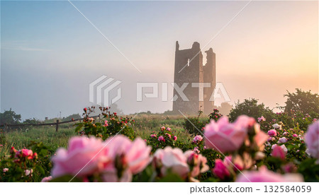 一幅奇幻的風景畫:一座古老的城堡塔樓矗立在山頂,籠罩在晨霧之中,前景中盛開著粉紅色的玫瑰。 一幅奇幻的風景畫:一座古老的城堡塔樓矗立在山頂,籠罩在晨霧之中,前景中盛開著粉紅色的玫瑰。 132584059