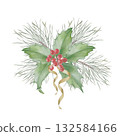 A set of watercolor Christmas ornaments featuring a fir tree, branches, and holly berries. Design elements. 132584166
