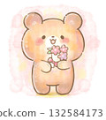 水彩插畫，一隻面帶微笑、溫柔的熊手捧一束鮮花 / 適用於育兒、親子教育和兒童 132584173