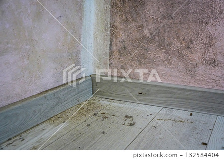 Close-up of black mold forming in the corner where the wall and floor meet. Highlights moisture damage and unhealthy indoor conditions. Close-up of black mold forming in the corner where the wall and floor meet. Highlights moisture damage and unhealthy indoor conditions. 132584404