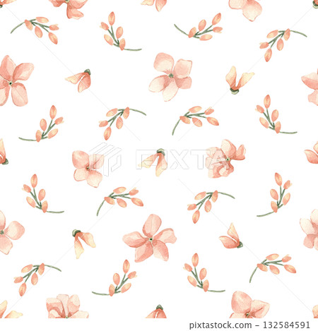 Pastel Pink Ditsy Print watercolor isolated. Seamless Sprig Pattern for Baby Textile and Nursery Fabric. Soft peach all over pattern with tiny flower buds and sprigs. Hand drawn ditsy print for baby. 132584591