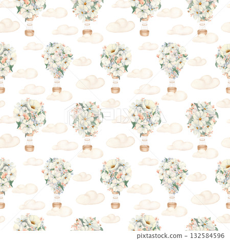 Pastel floral balloons on sky watercolor seamless pattern isolated on white. Flying hot air balloons of flowers and clouds hand painted. Repeat background for baby textile in beige palette. 132584596
