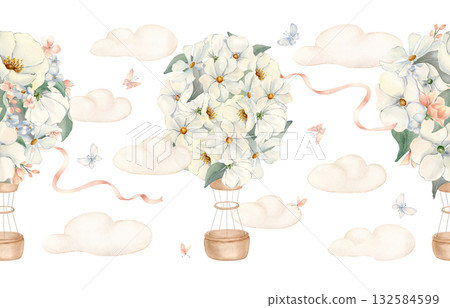 White Floral Hot Air Balloons Seamless Border isolated. Hand painted air ships of flowers with clouds, ribbons and butterflies in pastel colors. Watercolor repeat for nursery wall or baby textile. White Floral Hot Air Balloons Seamless Border isolated. Hand painted air ships of flowers with clouds, ribbons and butterflies in pastel colors. Watercolor repeat for nursery wall or baby textile. 132584599