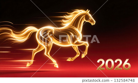 Golden horse symbolizing the year 2026, showcasing dynamic motion and elegance against a vibrant red background, representing prosperity and good fortune 132584748