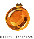 Watercolor illustration. Orange glittery Christmas ball, isolated. For decorating a Christmas tree, home, or greeting cards. 132584780