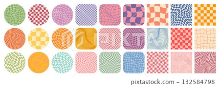 Groovy checkered pattern, colorful tiled grid. Vintage wavy curved backdrop, distortion effect. Funky geometric chessboard texture, retro background in 90s style, y2k. Vector illustration Groovy checkered pattern, colorful tiled grid. Vintage wavy curved backdrop, distortion effect. Funky geometric chessboard texture, retro background in 90s style, y2k. Vector illustration 132584798