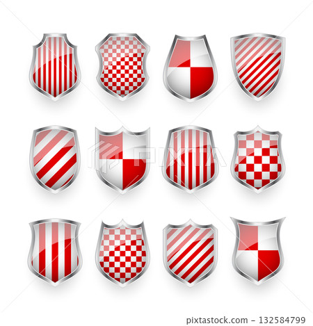 Glossy shields with red and black white. Security and protection concept. Cyber safety icons, internet privacy, web defense, digital data protection and antivirus themes. Vector illustration Glossy shields with red and black white. Security and protection concept. Cyber safety icons, internet privacy, web defense, digital data protection and antivirus themes. Vector illustration 132584799