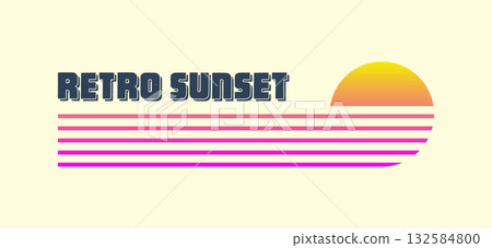 Vintage colorful sunset. Various gradient striped sunrise badges in 80s and 90s style. Sun and ocean view, summer vibes, surfing. Design element for print, logo or t-shirt. Vector illustration Vintage colorful sunset. Various gradient striped sunrise badges in 80s and 90s style. Sun and ocean view, summer vibes, surfing. Design element for print, logo or t-shirt. Vector illustration 132584800