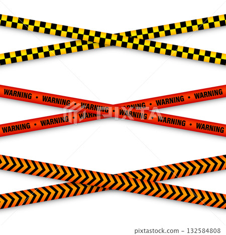 Barricade construction tape. Colorful police warning line, brightly colored danger or hazard stripe, ribbon. Restricted area, zone. Attention symbol. Vector illustration 132584808