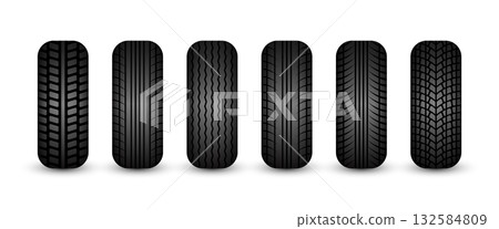 Rubber tires silhouettes. Car, truck, and motorcycle wheels, tread pattern designs. Perfect for automotive, racing, and motorsport themes, repair service and transport industry. Vector illustration 132584809