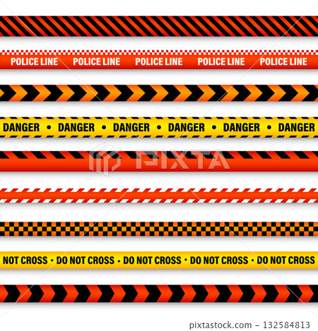 Barricade construction tape. Colorful police warning line, brightly colored danger or hazard stripe, ribbon. Restricted area, zone. Attention symbol. Vector illustration 132584813
