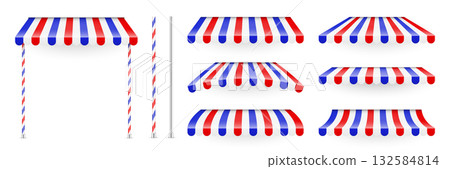 Shop sunshade. Realistic striped cafe awning. Outdoor market tent. Roof canopy. Summer street store. Vector illustration. 132584814