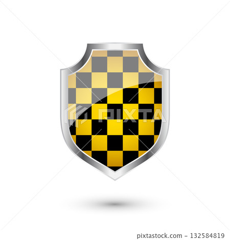 Glossy shield with yellow and black pattern. Security and protection concept. Cyber safety icons, internet privacy, web defense, digital data protection and antivirus themes. Vector illustration Glossy shield with yellow and black pattern. Security and protection concept. Cyber safety icons, internet privacy, web defense, digital data protection and antivirus themes. Vector illustration 132584819