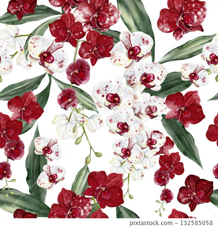 Beautiful seamless pattern with red and white flowers and green leaves of orchids. 132585058