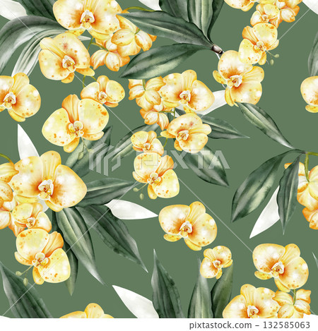 Beautiful seamless pattern with white and yellow orchid flowers. Beautiful seamless pattern with white and yellow orchid flowers. 132585063