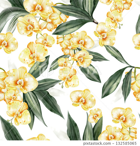 Beautiful seamless pattern with white and yellow orchid flowers. Beautiful seamless pattern with white and yellow orchid flowers. 132585065