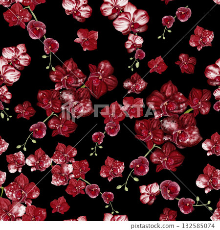 Beautiful seamless pattern with red, burgundy orchid flowers. 132585074