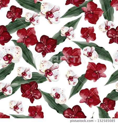 Beautiful seamless pattern with red and white flowers and green leaves of orchids. Beautiful seamless pattern with red and white flowers and green leaves of orchids. 132585085