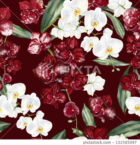 Beautiful seamless pattern with red, burgundy orchid flowers. Beautiful seamless pattern with red, burgundy orchid flowers. 132585097