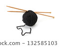 Ball of black yarn with wooden knitting needles inserted and loose strand resting on surface in minimal craft composition 132585103