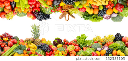 Frame of Colorful Fruits Vegetables and Berries Isolated on White Background with Copy Space 132585105