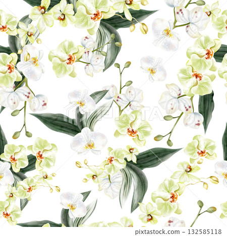 Beautiful seamless pattern with white and yellow orchid flowers. 132585118