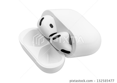 Wireless headphones in a white container isolated on white. Wireless headphones in a white container isolated on white. 132585477