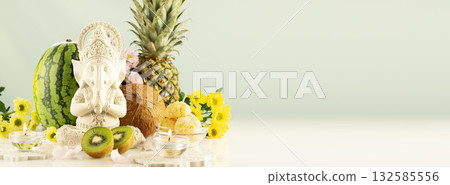 Lord Ganesha , Ganesh festival. Ganesh Chaturthi holiday banner wit sculpture of Ganesha, offerings, fruits, sweets, flowers and candles on light background with copy space. Hindu religion. Soft focus Lord Ganesha , Ganesh festival. Ganesh Chaturthi holiday banner wit sculpture of Ganesha, offerings, fruits, sweets, flowers and candles on light background with copy space. Hindu religion. Soft focus 132585556