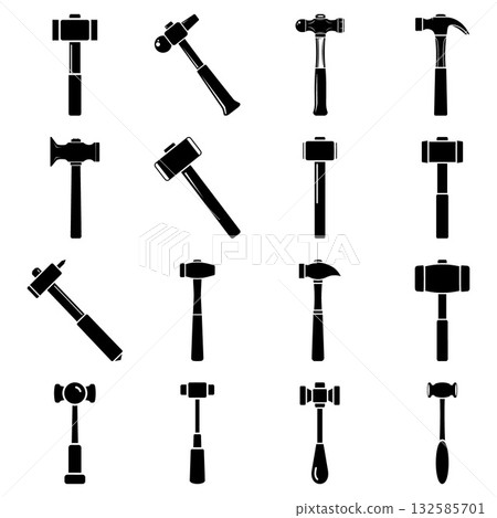 Set of minimalist tool silhouettes featuring diverse hammer designs used in carpentry and building 132585701