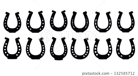 Silhouette horseshoes set, luck and western symbol illustration, arranged in two rows Silhouette horseshoes set, luck and western symbol illustration, arranged in two rows 132585712