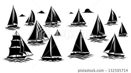 Silhouette sailing boat vectors with seagull and cloud, nautical fleet composition 132585714