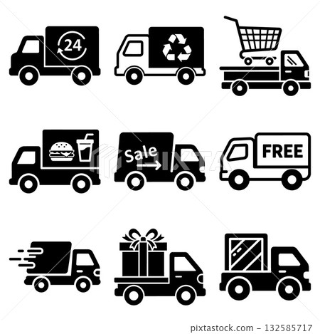 Silhouettes of diverse delivery trucks with symbols for various services like fast shipping and online shopping Silhouettes of diverse delivery trucks with symbols for various services like fast shipping and online shopping 132585717