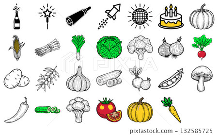 Simple outline vector pictograms representing festive event elements and healthy cooking ingredients Simple outline vector pictograms representing festive event elements and healthy cooking ingredients 132585725