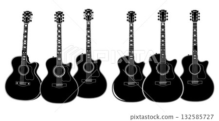 Six detailed acoustic guitar illustrations featuring various body shapes and fretboard designs for music themes 132585727