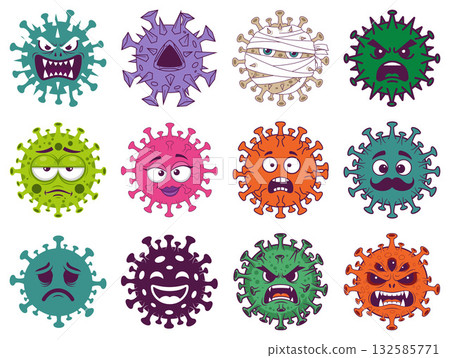 Various cartoon virus characters with diverse facial expressions, depicting different moods and health conditions Various cartoon virus characters with diverse facial expressions, depicting different moods and health conditions 132585771