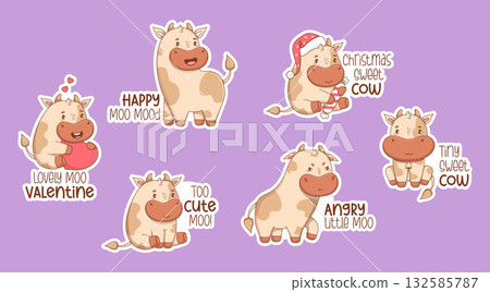 Cute Little Cow Stickers. Funny Cartoon Kawaii Bull with Cool Slogans. Isolated Livestock Christmas Animal in Santa Hat, with Heart, Happy and Sad. Vector illustration. Kids collection. Not AI 132585787
