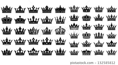 A collection of royal crowns and tiaras with various detailed embellishments, suitable for luxury branding elements 132585812