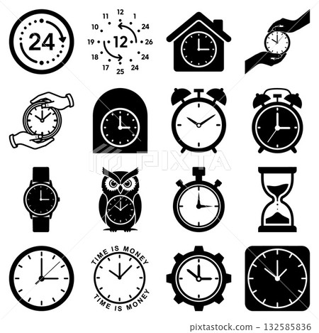 A comprehensive set of time and clock related icons including various watches and hourglass symbols 132585836