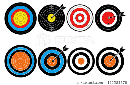Archery target set with arrows in diverse styles and colorful patterns Archery target set with arrows in diverse styles and colorful patterns 132585876