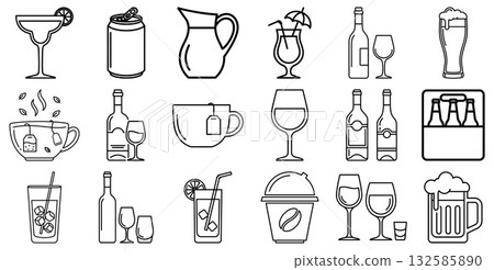 Assortment of beverage icons featuring various drinks like wine, coffee, cocktails, and beer 132585890