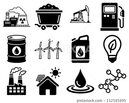 Assortment of energy production and sustainable resource icons for industrial and environmental projects 132585895