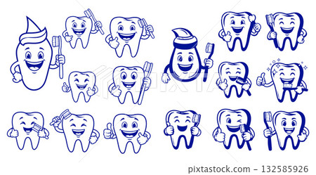 Cartoon Tooth Characters with Toothbrushes and Thumbs Up Poses for Dental Hygiene 132585926