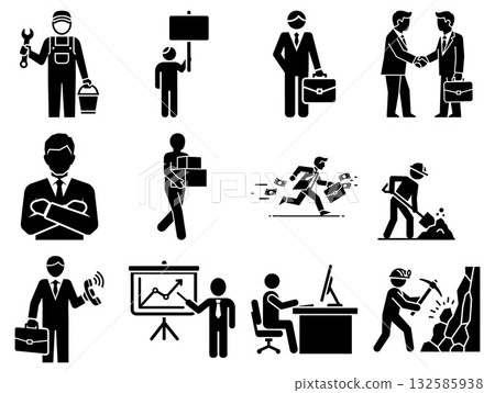 Collection of business people and manual laborers engaged in different roles and employment scenarios 132585938