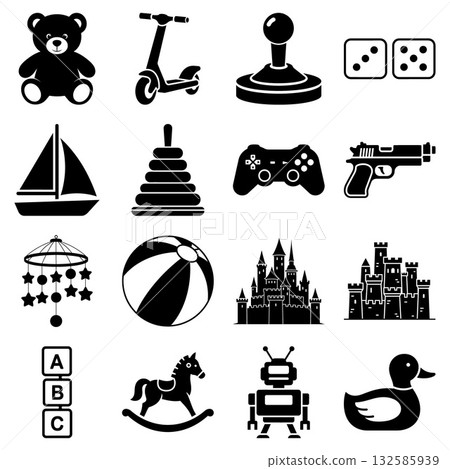 Collection of childrens playthings for childhood, education, and entertainment concepts in a flat style 132585939
