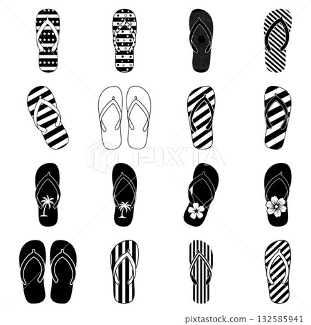 Collection of different styled flip flops with patterns like stripes and stars, shown as vector silhouette icons 132585941