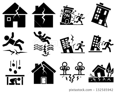 Collection of disaster icons showing earthquake effects on buildings, people, and the natural environment 132585942