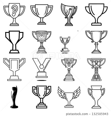 Collection of diverse achievement trophy icons symbolizing victory and competition success Collection of diverse achievement trophy icons symbolizing victory and competition success 132585943