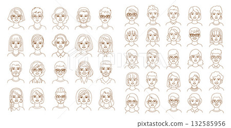 Collection of diverse people faces illustration, line art style, portraits for profile creation 132585956