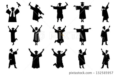 Collection of diverse students in graduation robes celebrating achievement and holding their university certificates 132585957